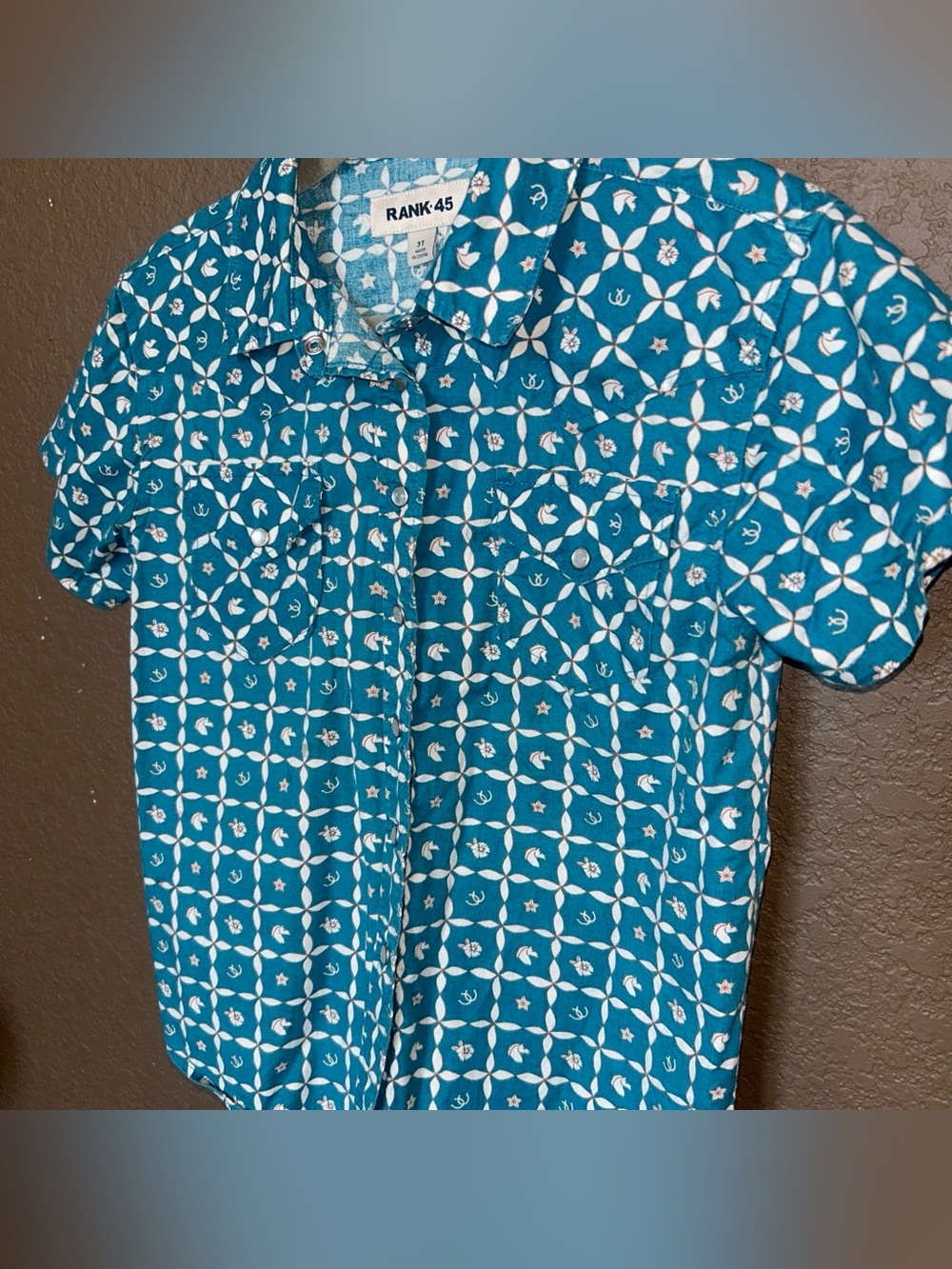 Rank-45 Boys' Teal Patterned Short-Sleeve Button-Down Shirt